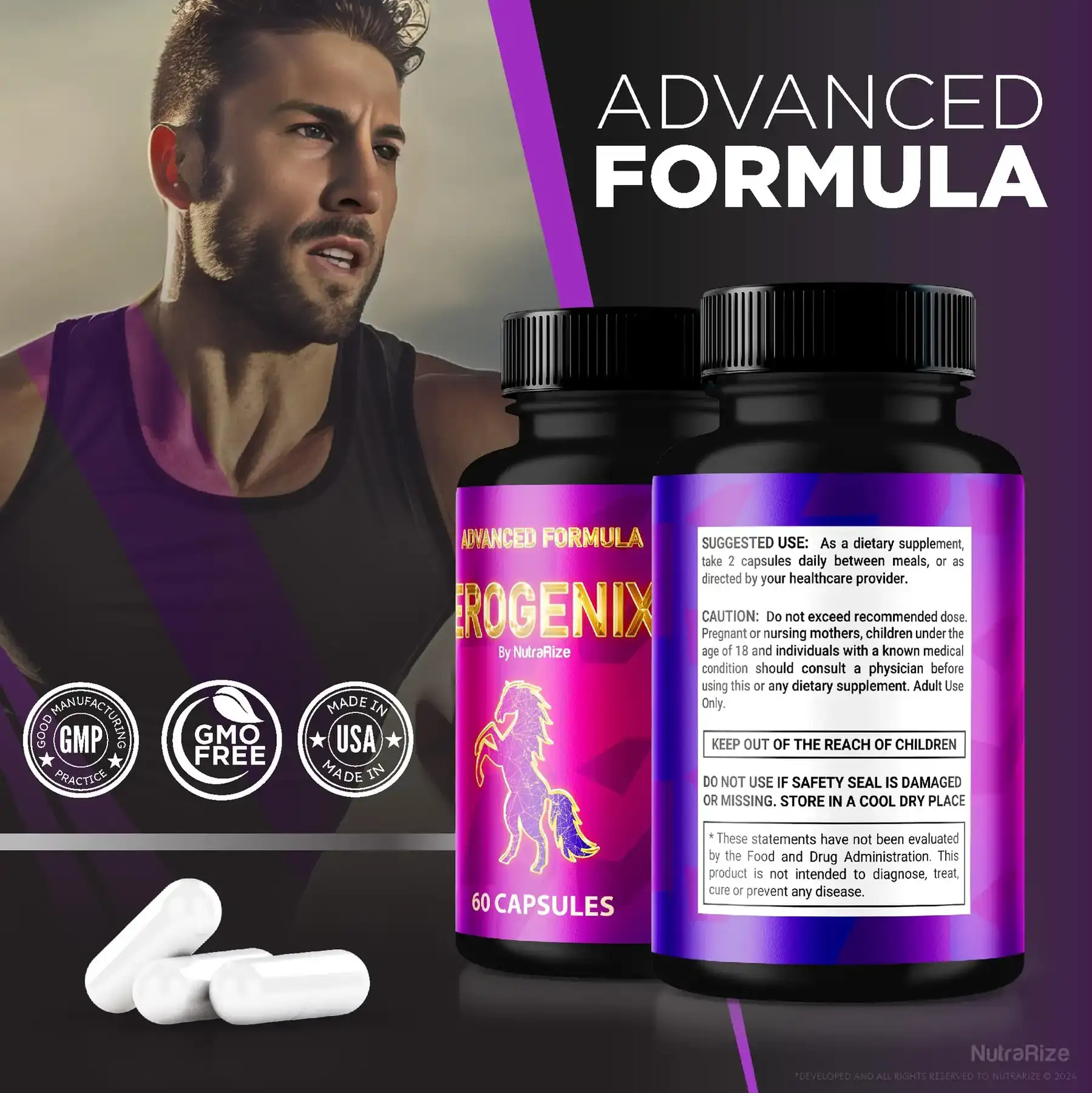 Erogenix advanced formula bottles beside GMP, GMO-free and Made in USA quality seals