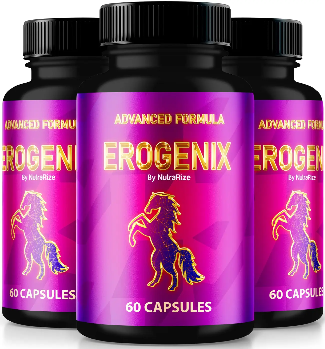 Erogenix bottles shown together, available in 1, 3 and 6-bottle packages